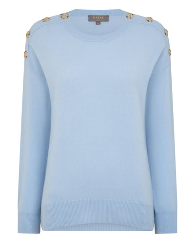 N.Peal Women's Button Shoulder Round Neck Cashmere Jumper Sea Mist Blue