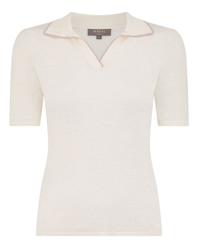 N.Peal Women's Linen Blend Collared Top New Ivory White