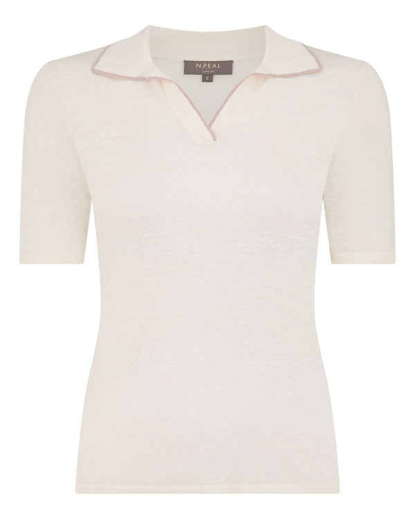 N.Peal Women's Linen Blend Collared Top New Ivory White