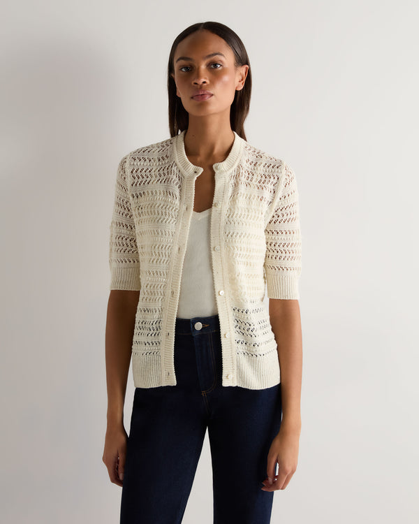 N.Peal Women's Open Stitch Linen Blend Cardigan New Ivory White