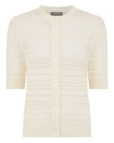 N.Peal Women's Open Stitch Linen Blend Cardigan New Ivory White