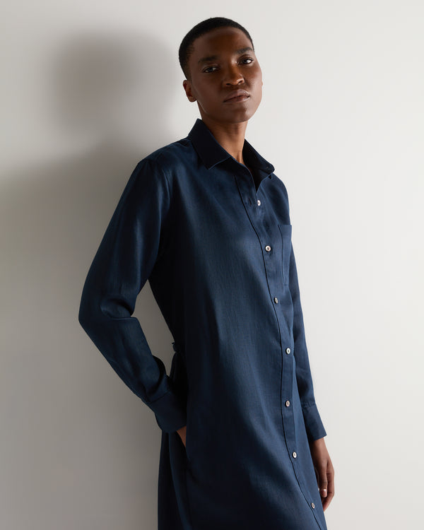 N.Peal Women's Catania Linen Shirt Dress Navy Blue