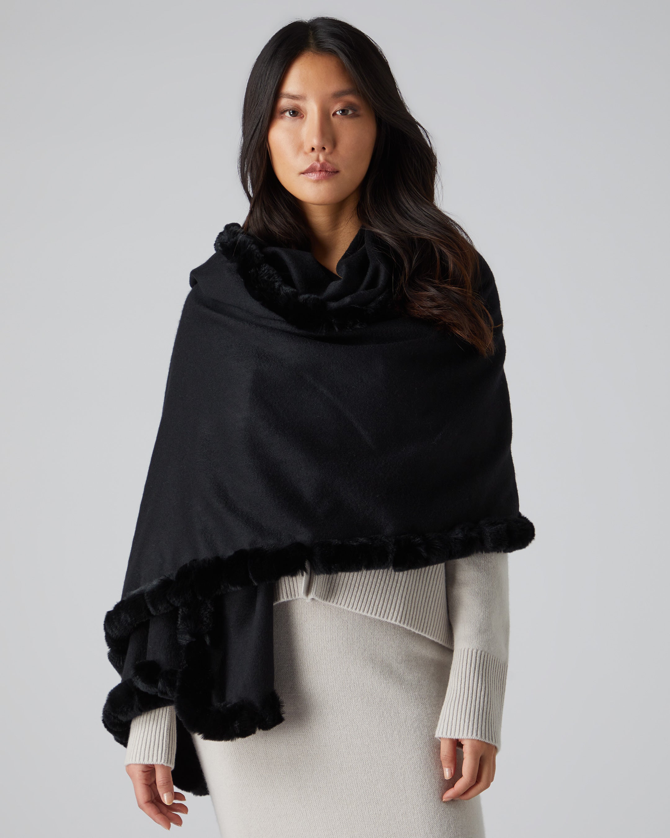 Women s Fur Trim Woven Cashmere Shawl Black N.Peal