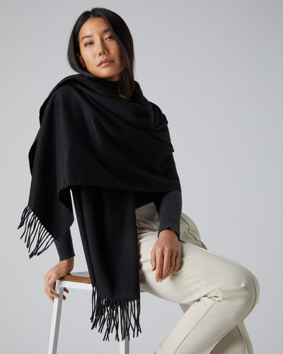 Women's Fur Trim Woven Cashmere Shawl Black