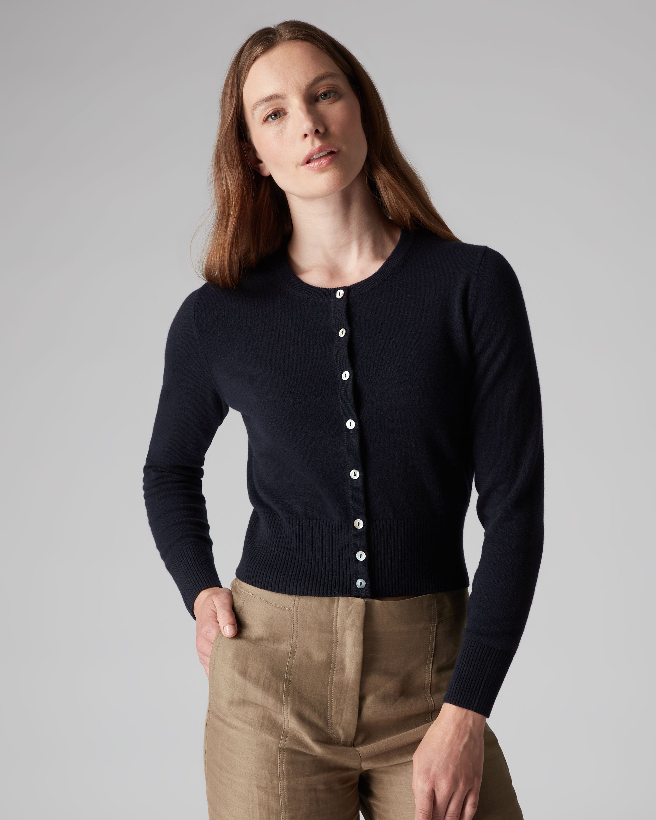 Women's Round Neck Cashmere Cardigan Navy Blue | N.Peal