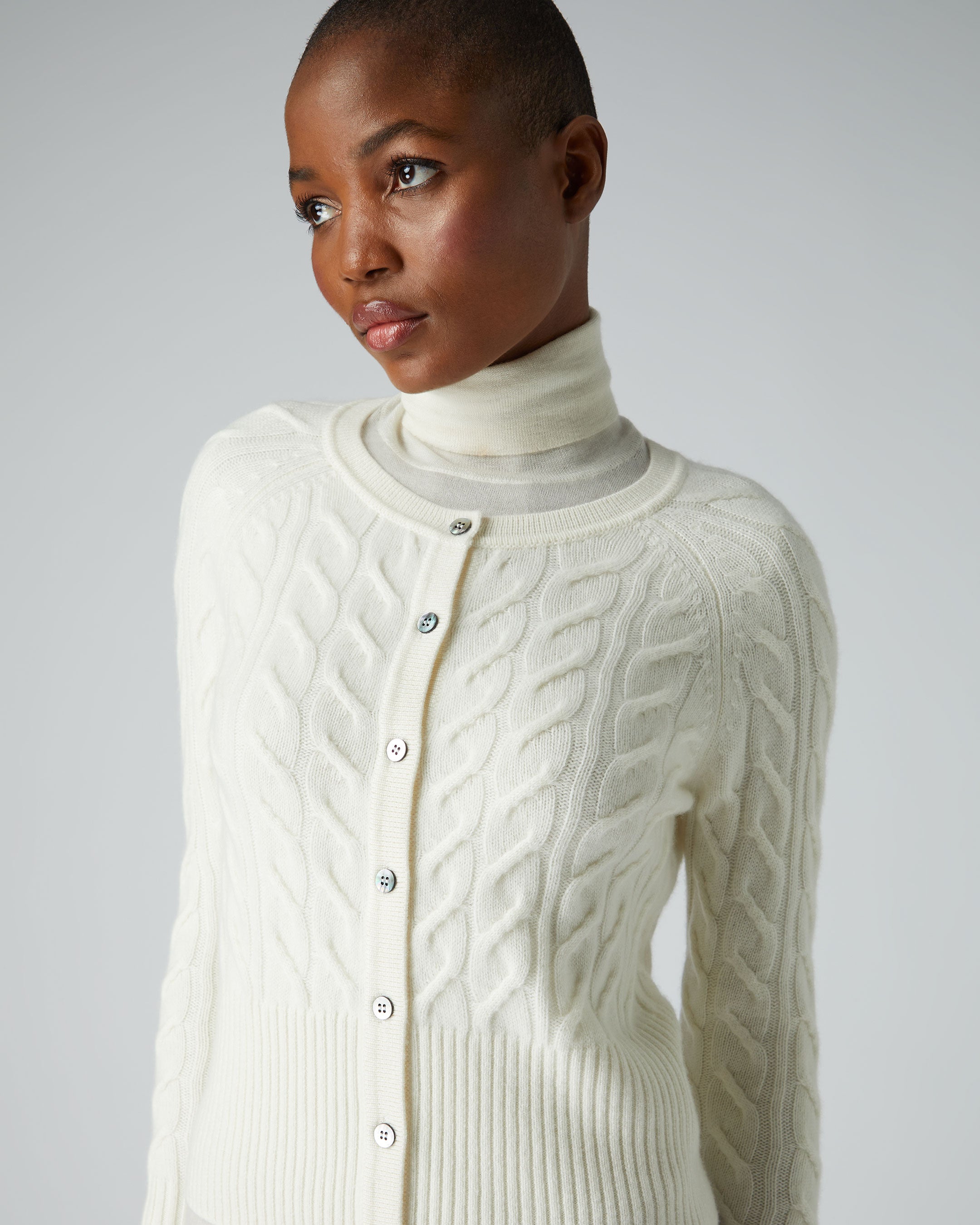 Women's Cable Cashmere Cardigan New Ivory White | N.Peal