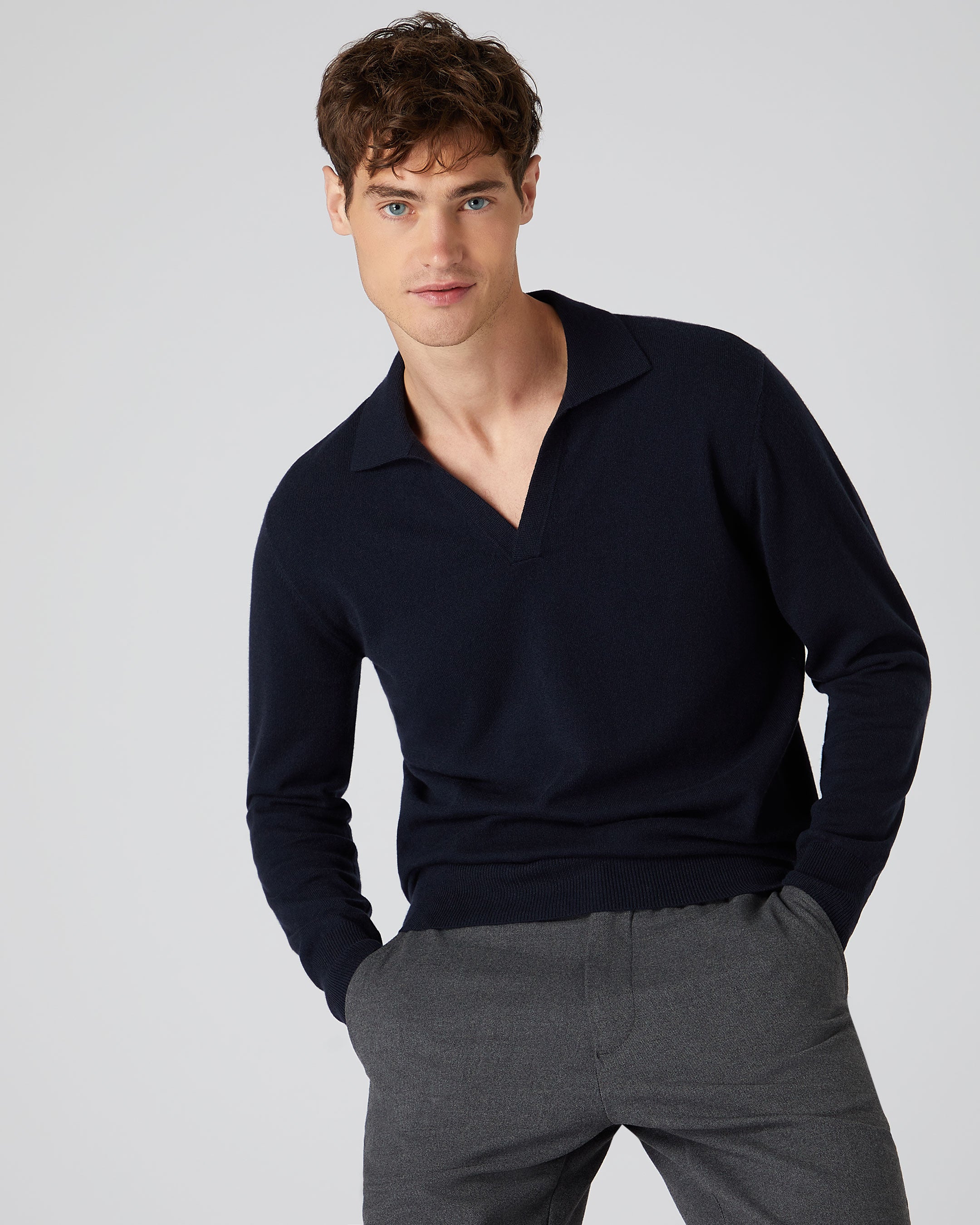 Men s Cashmere Polo Jumper Navy Blue N.Peal