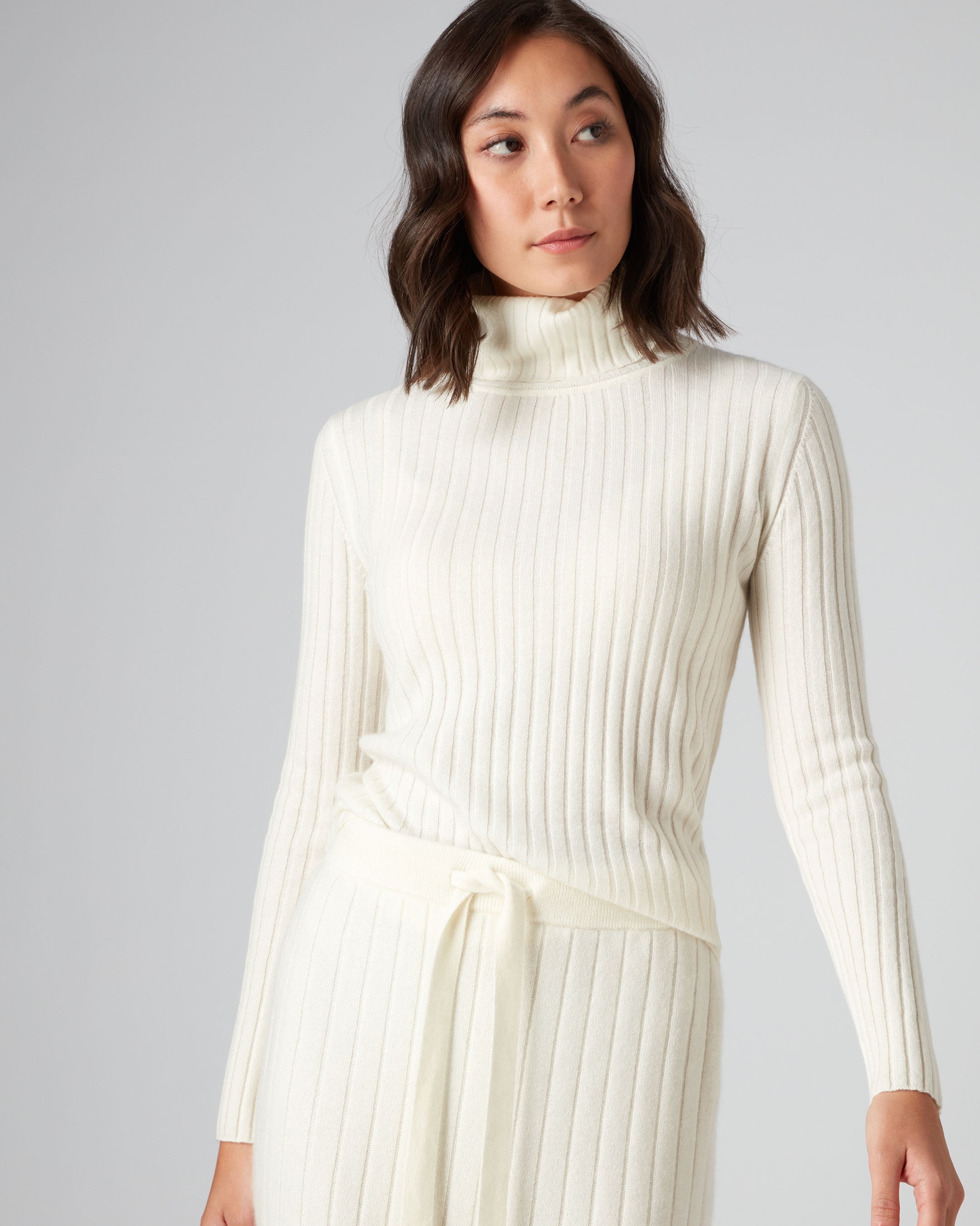 Women s Ribbed Roll Neck Cashmere Jumper New Ivory White N.Peal