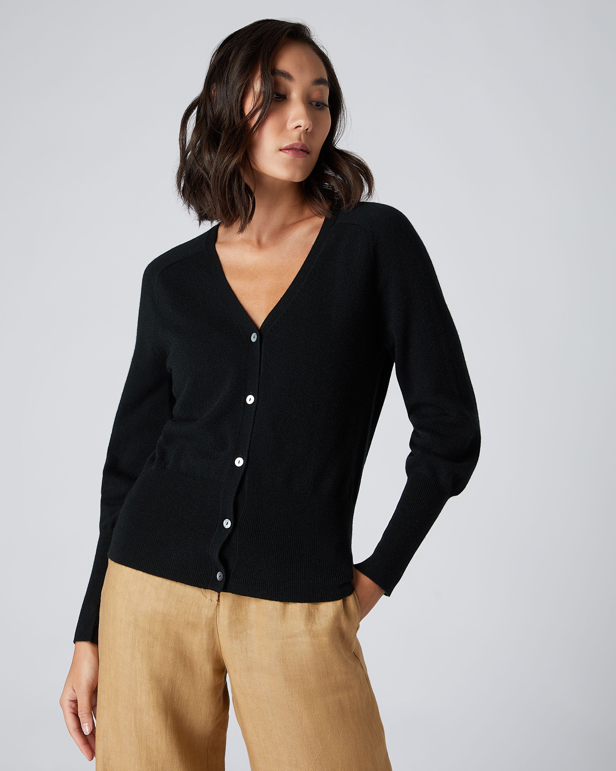 Black v shop neck cardigan women's