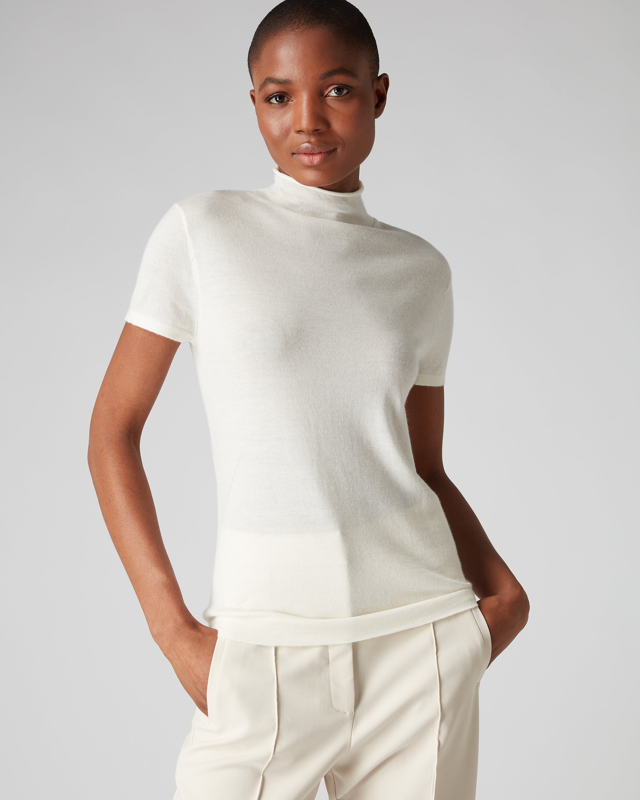 White ribbed mock store neck top