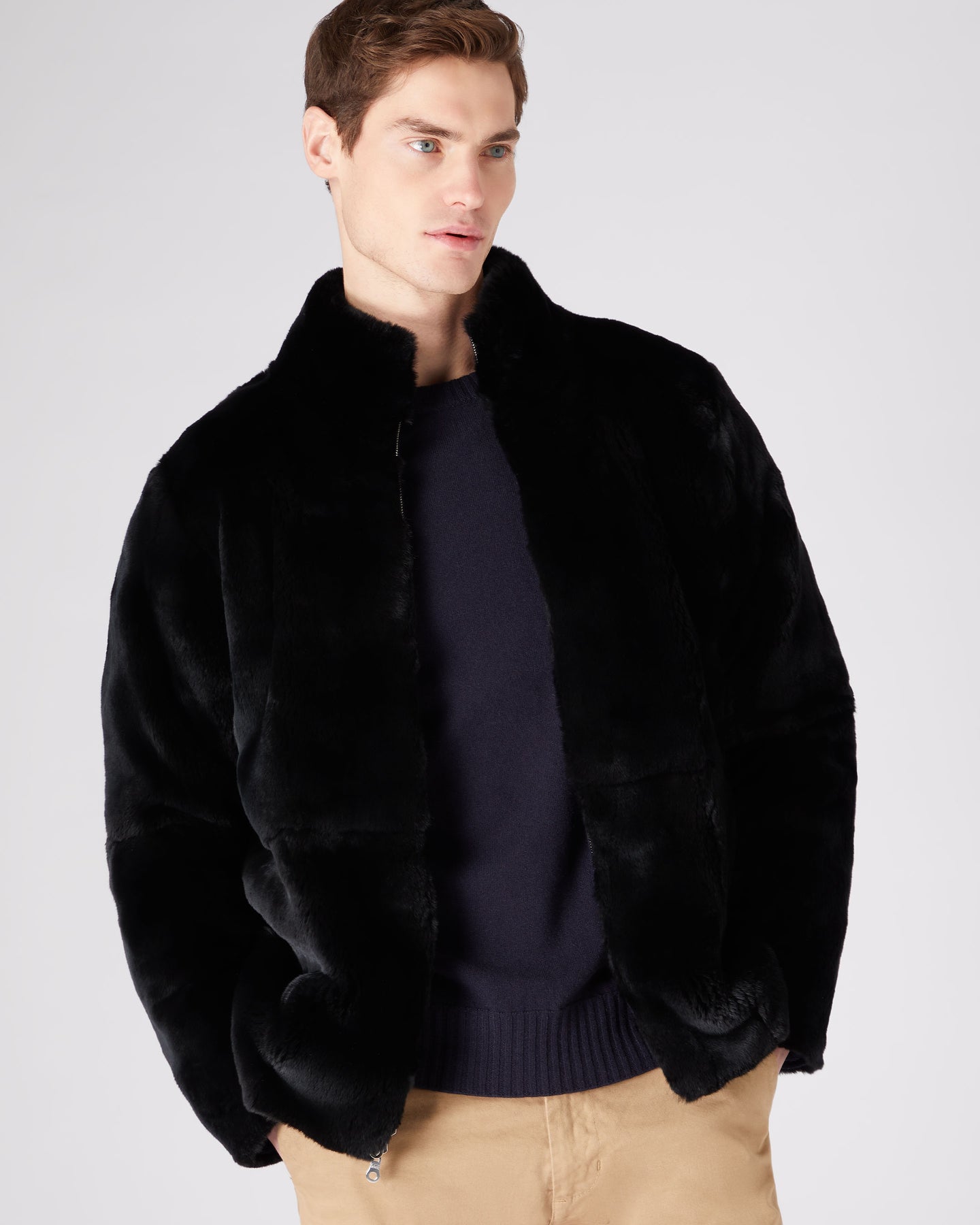 Men's Sweater Coat Faux Fur Wool Sweater Jackets Zipper Knitted